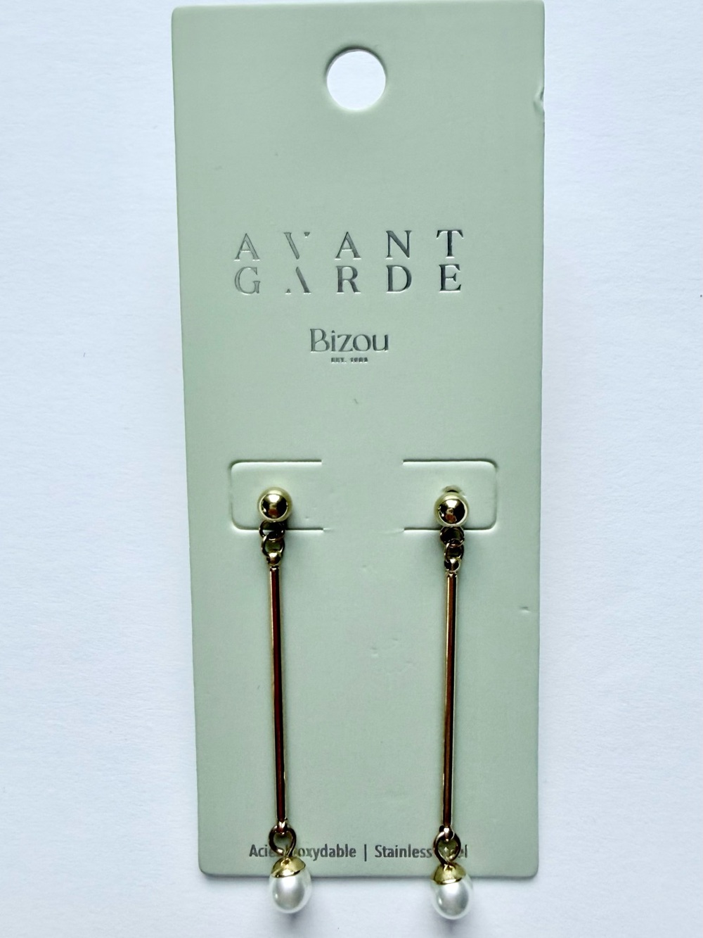 NWT Avant Garde Bizou Pearl Drop Bar Earrings Gold Tone NWT